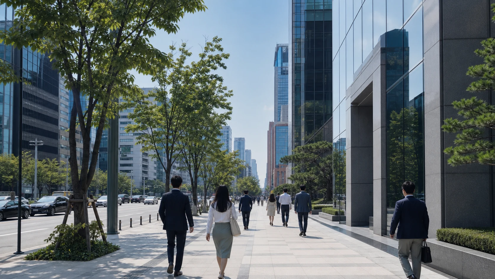 낮 시간 서울 강남 테헤란로 오피스 거리와 걸어가는 직장인들