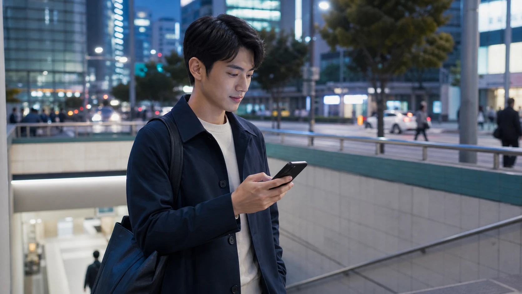 퇴근 시간대 지하철 출구 앞에서 스마트폰으로 병원 위치를 검색하는 한국인 남성